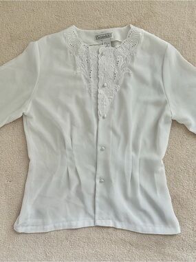Vintage Christie & Jill White Lace Detail Front Button Women's Blouse US 8